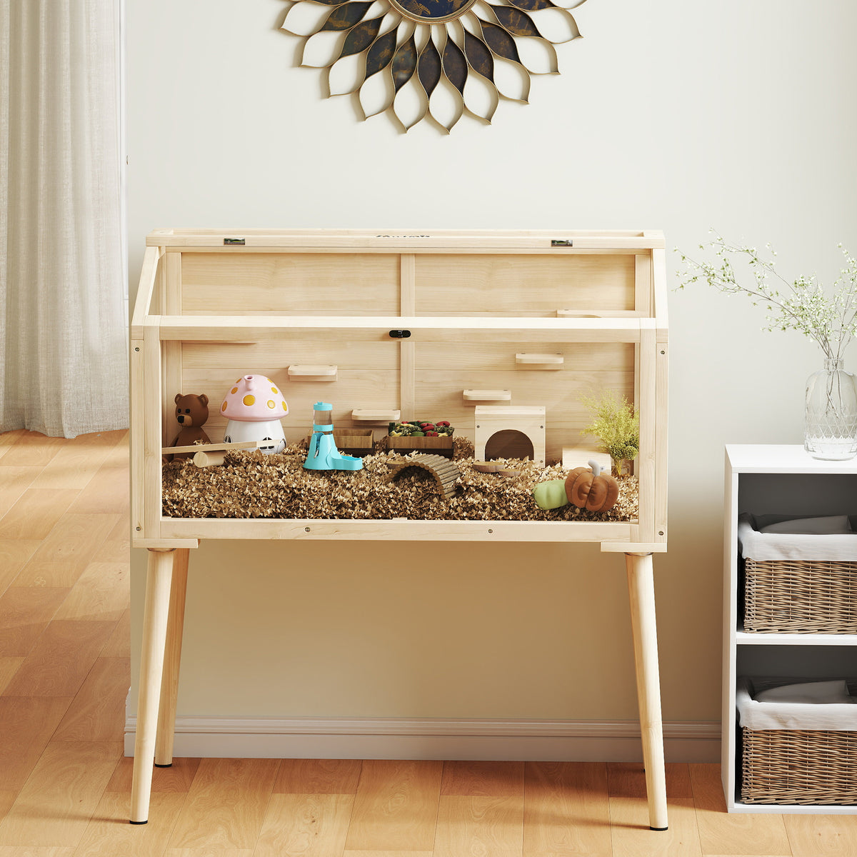 Narvas žiurkėnams 110x52x101 cm, medinis, su nameliu, sūpynėmis, platformomis ir girdykle, natūralios medienos spalvos