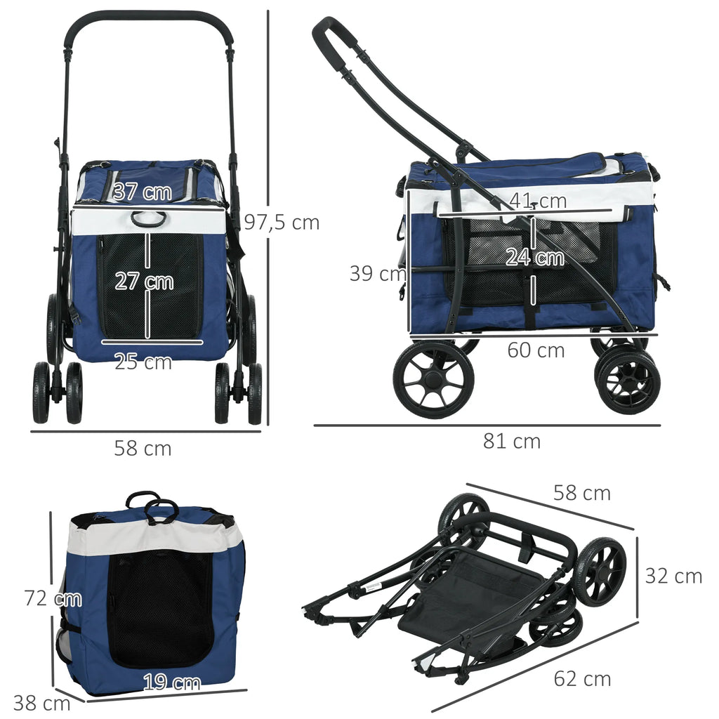 Vežimėlis šuniui, vežimėlis augintiniui, augintinio transportavimo priemonė iki 10 kg, sulankstomas, reguliuojamos rankenos, nuimamas krepšys, 81 x 58 x 97,5 cm, juoda + mėlyna + balta