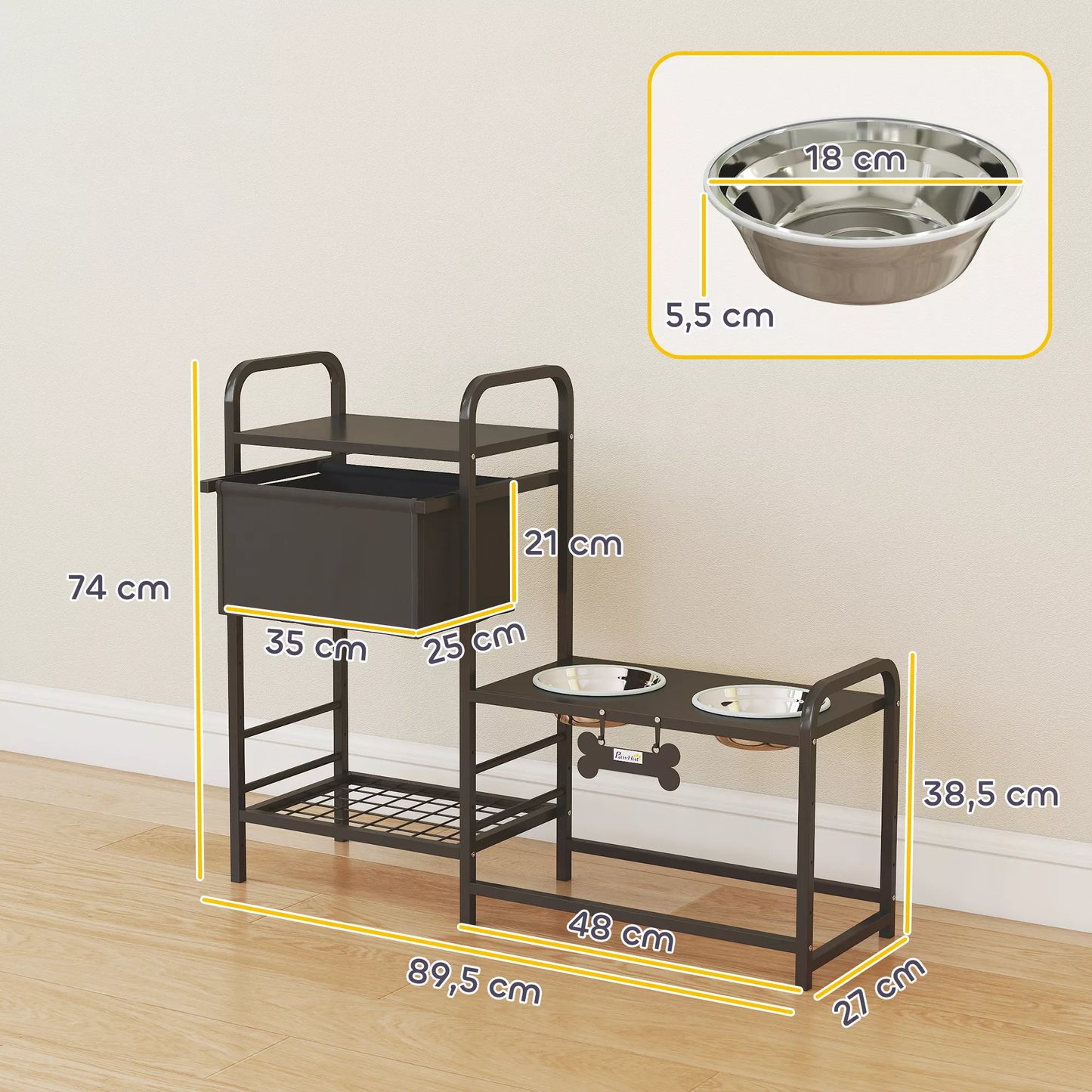 Reguliuojamo aukščio paaukštintas šunų dubenėlių stovas su daiktų laikymo skyriumi, šėrykla su dviem dubenėliais, medis ir nerūdijantis plienas, 89,5 x 27 x 74 cm, juoda