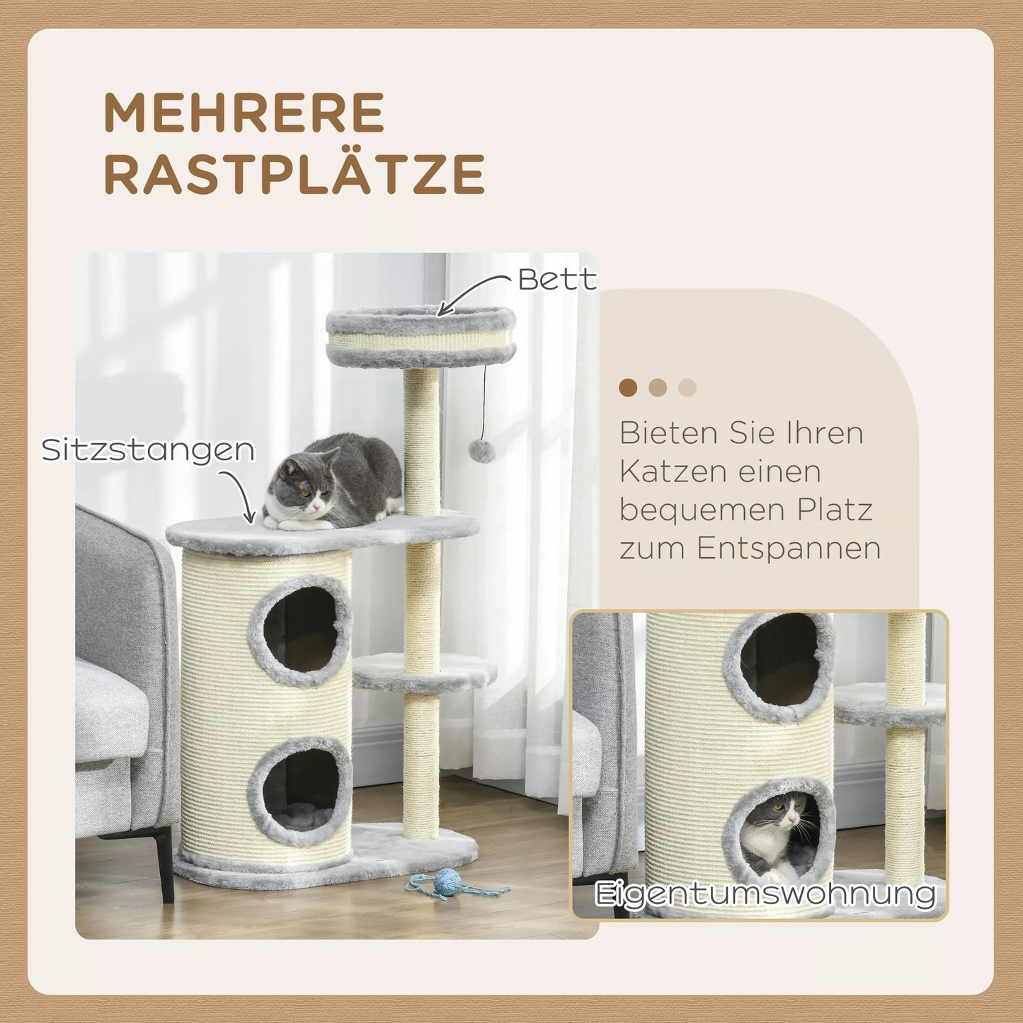 Kačių draskyklė, su sisaliniais stulpeliais, minkštu pliušu, daugiaaukštė, su kamuoliukų žaislu, pilka, 59x35x100 cm