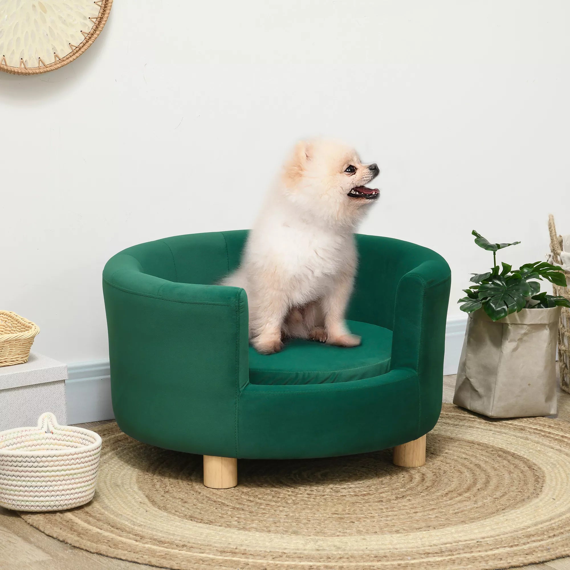 Šunų sofa, šunų kušetė, su skalbiamu užvalkalu, gyvūnėlių sofa su atlošu ir medinėmis kojelėmis, kačių sofa, mažiems šunims iki 4,5 kg, žalia