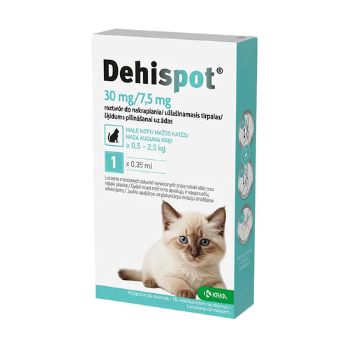 Dehispot, 30 mg/7,5 mg, užlašinamasis tirpalas mažoms katėms