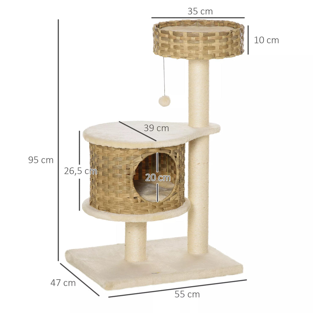 Rotangpalmas kaķu māja 95 cm augsta, 3 līmeņu kaķu māja ar platformu, kaķu gulta, kāpšanas koks ar kaķu slēptuvi, sizala stabi, rotaļlietas, kaķu mēbeles, Sisal Natural+Bēšs