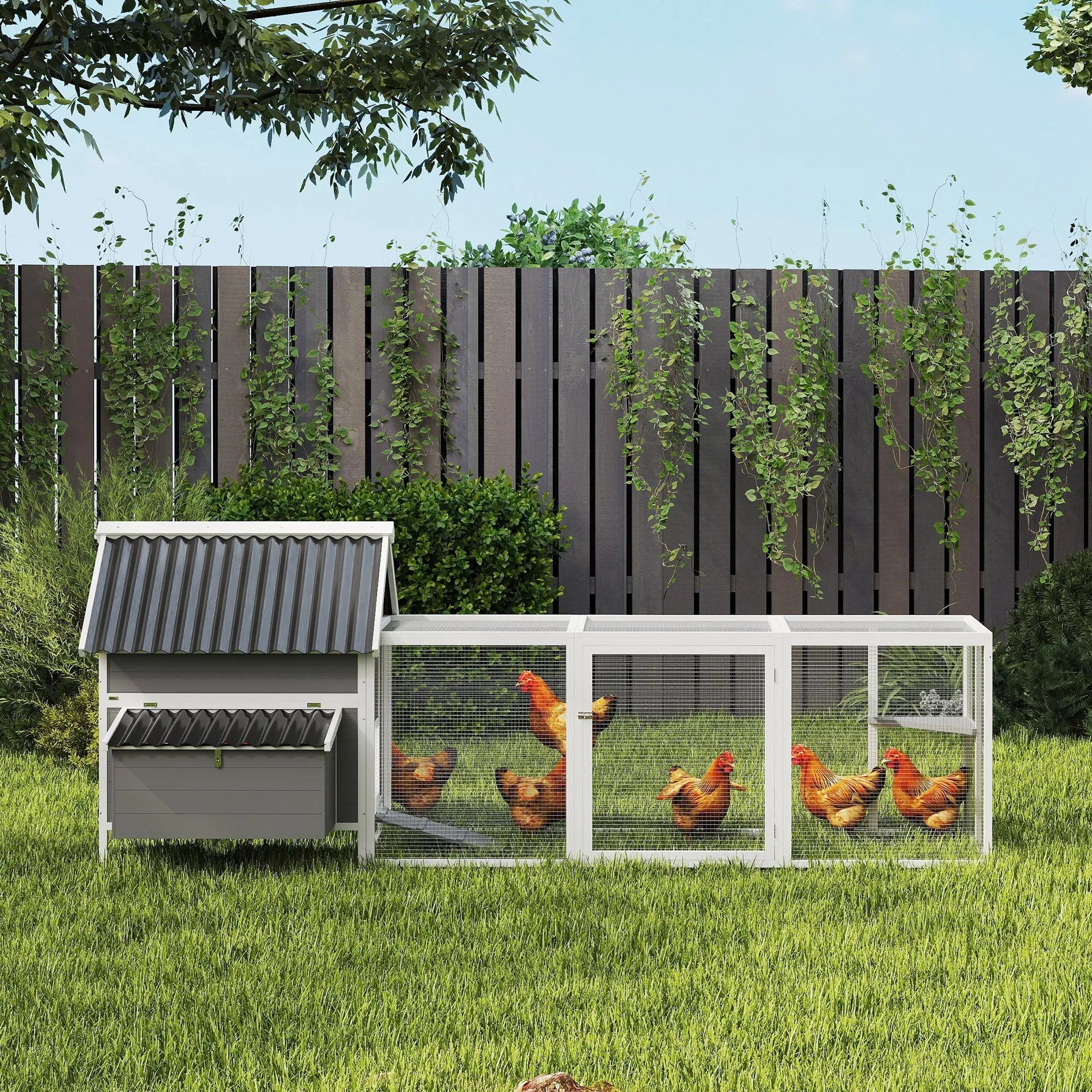 Didelis vištidė 7–10 vištoms, sėdynės, sūpynės, langai, lizdai, vielos tinklas, pilkos spalvos