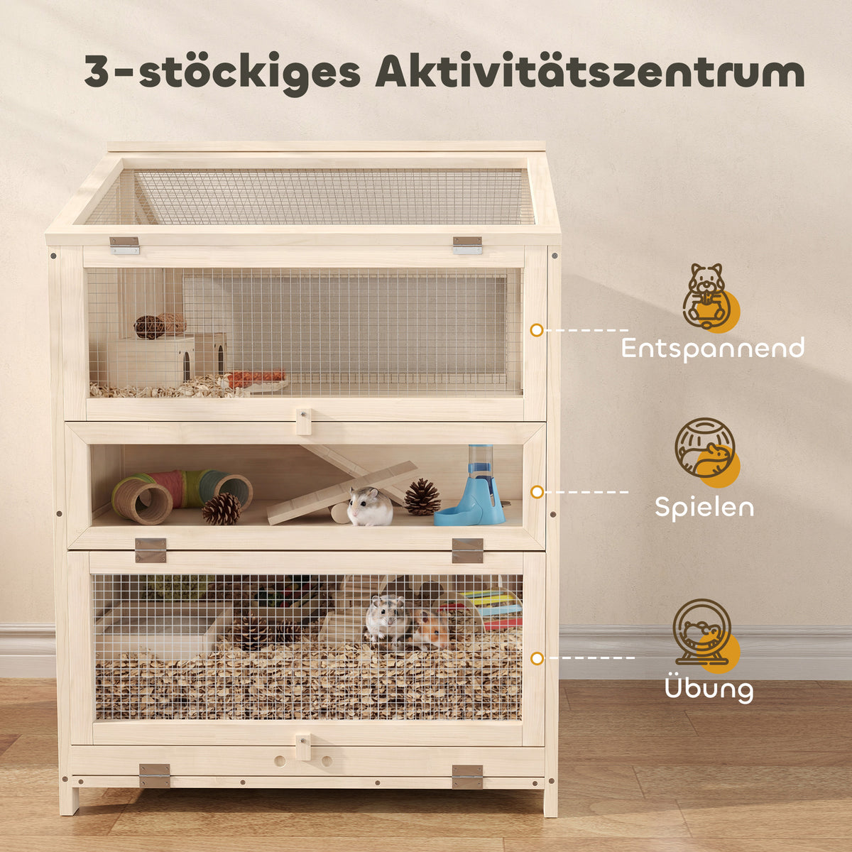 Medinis žiurkėnų narvas 68x61,5x90 cm, 3 aukštų, su nameliais, sūpynėmis, laipteliais ir girdyklomis, natūralios medienos
