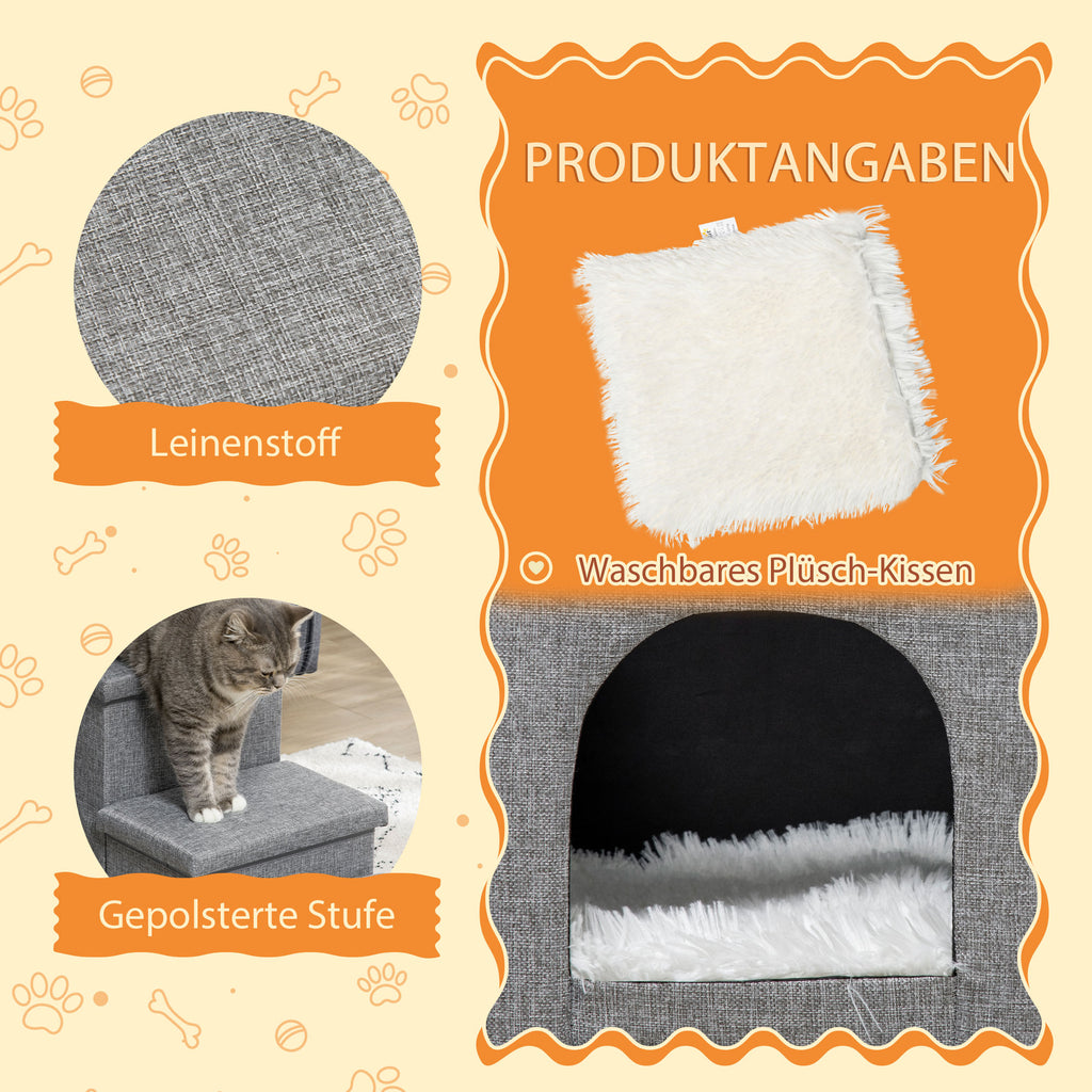 Laipteliai augintiniams su nameliu ir paslėpta daiktadėže, 73,5x33x40,5 cm, katėms iki 5 kg, šviesiai pilki