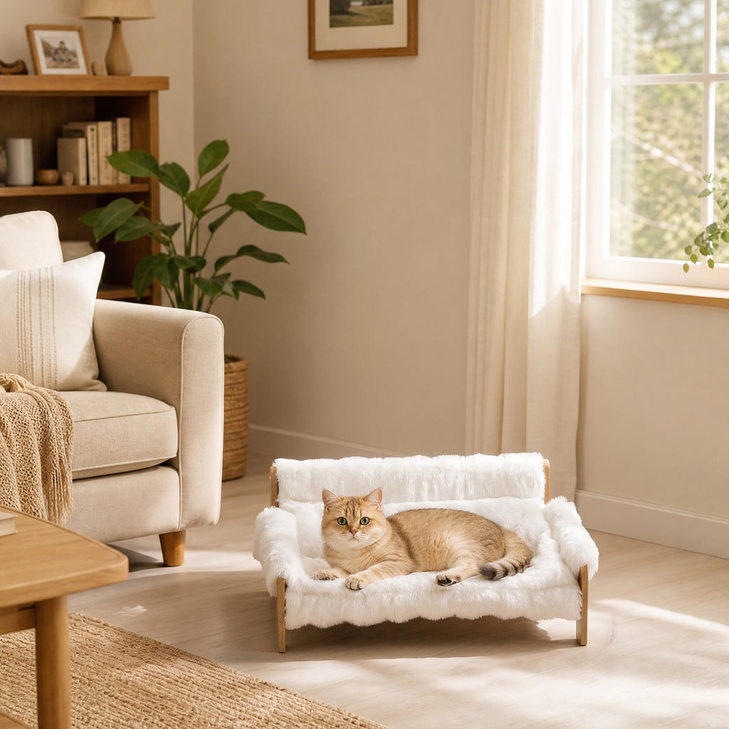 Paaukštinta sofa-guolis katėms ir mažiems šunims, 70x47x30 cm, su nuimamu užvalkalu, katėms iki 8 kg, balta