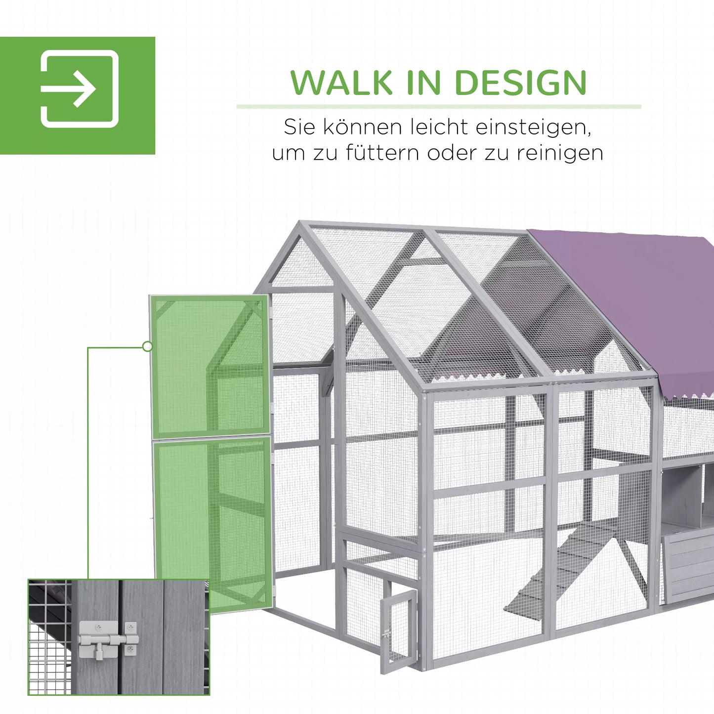 Vištidė Vištų namelis Vištų būdelė, sueigiamas, atsparus oro sąlygoms, 280 x 185,5 x 188 cm, pilkas