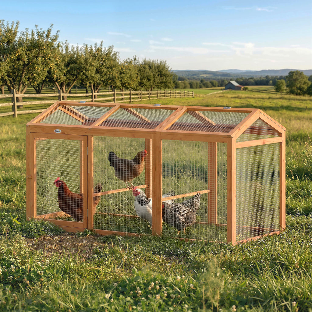 Lauko aptvaras vištoms 156x70,5x84 cm, medinis, su lakta ir dvejomis durimis, 4 vištoms, oranžinis