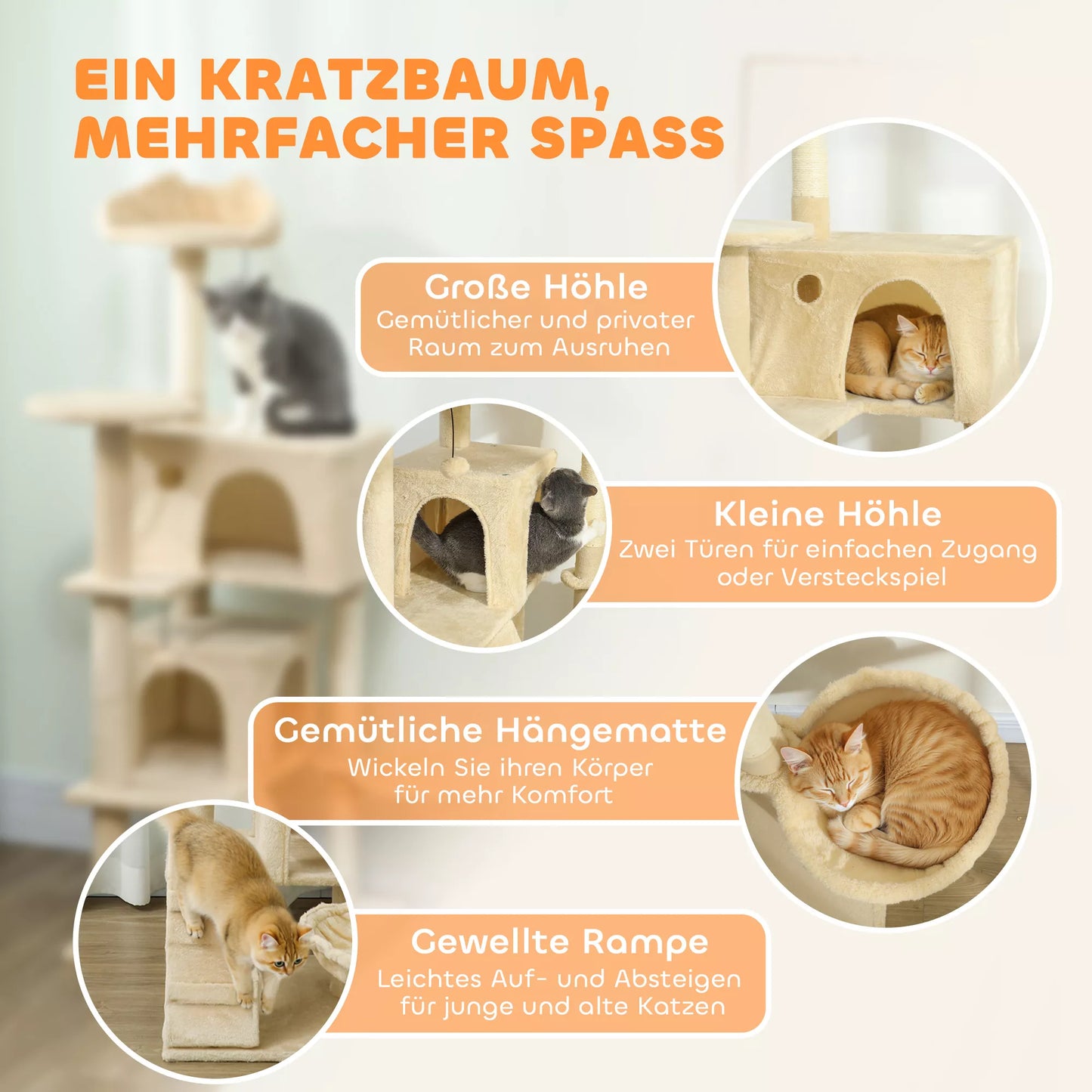 Asināšanas stabs 140 cm, kaķu tornis ar šūpuļtīklu, kāpnēm, gultu, 2 plīša bumbiņām, sizala stieņiem, 48 x 48 x 140 cm, bēšs