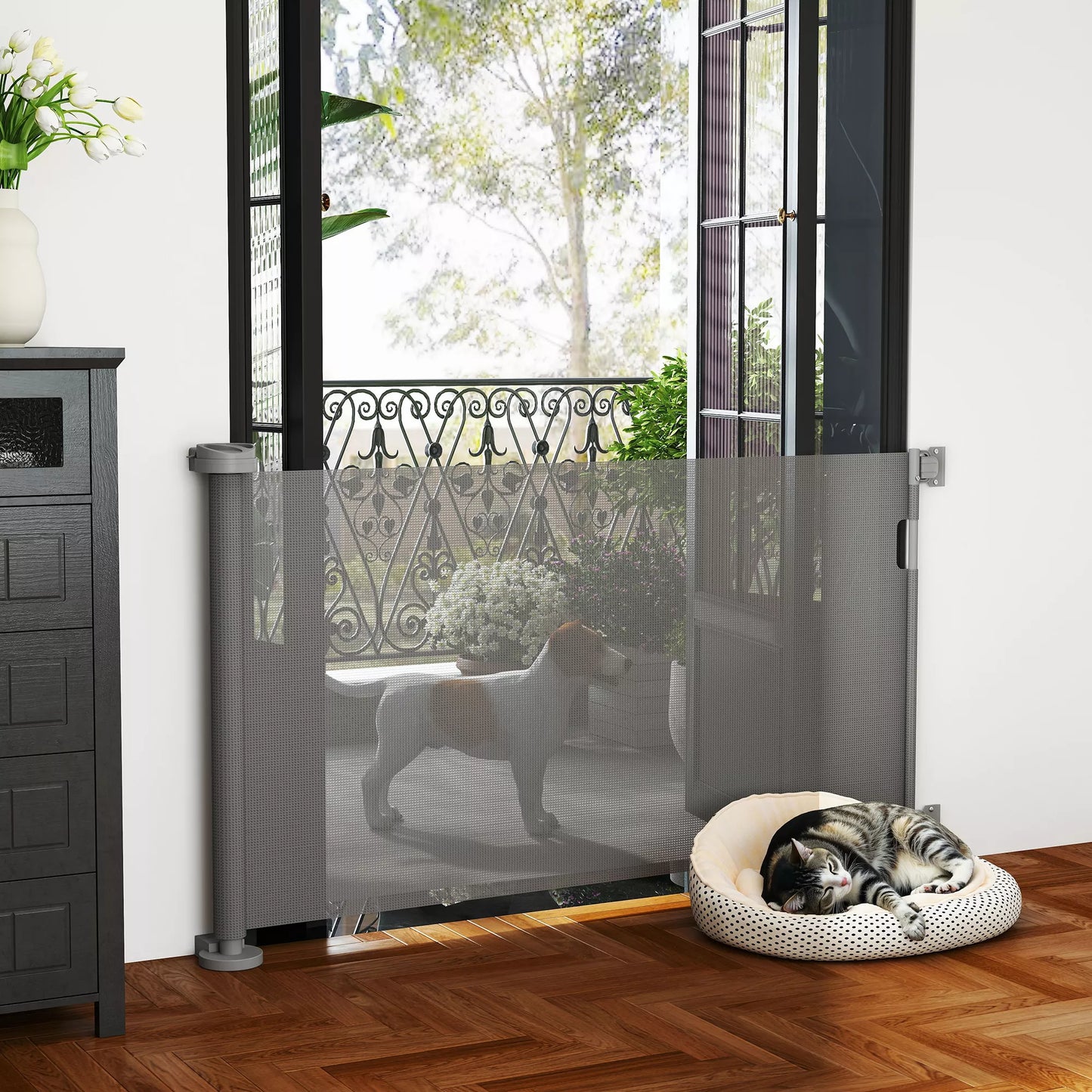 Ištraukiami apsauginiai varteliai laiptams ir durims, 0-136cm, 87cm aukščio, gyvūnams, 142 x 10 x 87 cm, pilki