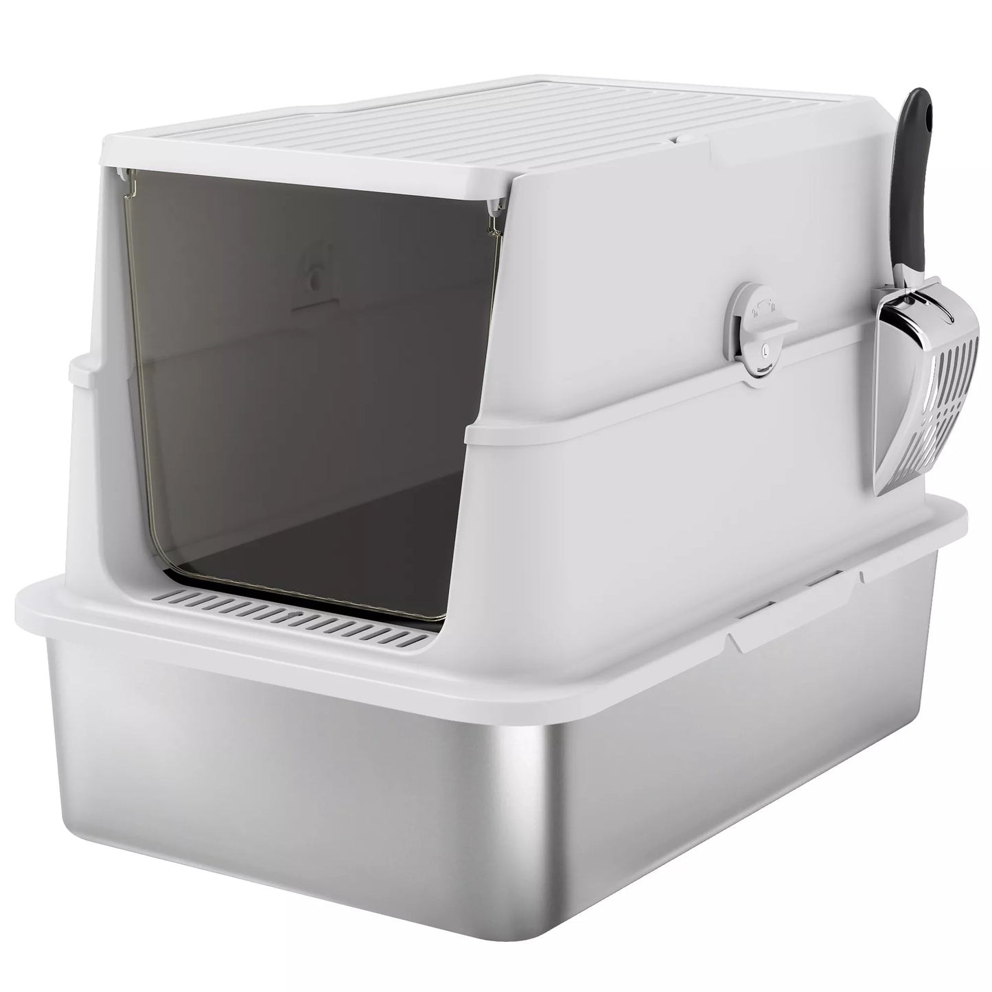 Kačių tualetas, nerūdijančio plieno, XL vidaus erdvė, su kastuvėliu, šviesiai pilkas