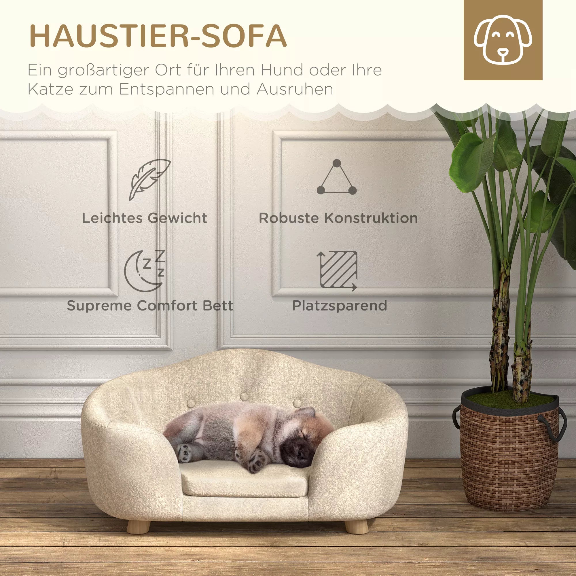 Sofa naminiams gyvūnėliams, šunų kilimėlis, šunų lova, šunų sofa, šunų kušetė, katės sofa su pagalvėle, kišenė gale, pliušas, putos, pušies mediena, kreminė balta, 70 x 47 x 30 cm