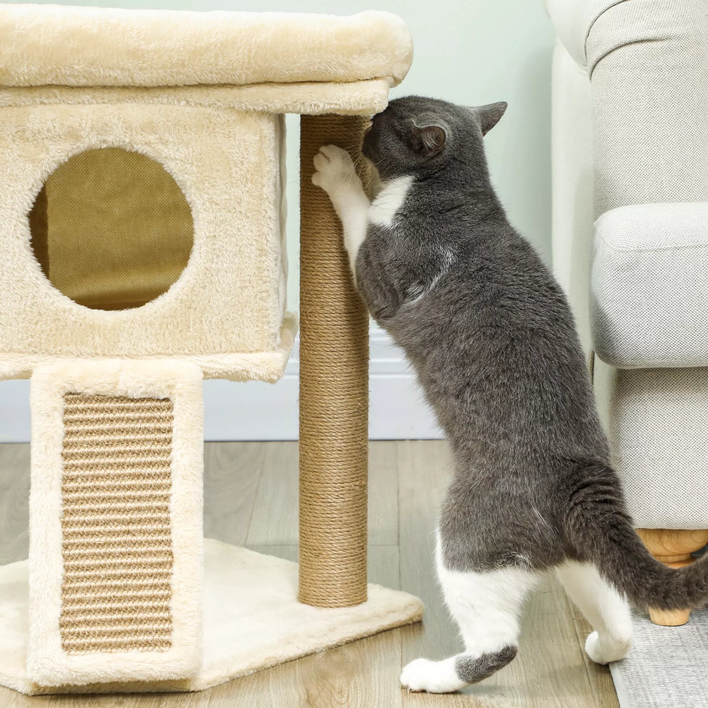 Katės medis su džiuto draskykle, miego platforma, žaidimo kamuoliuku, kačių nameliu, smėlio spalvos, 40 x 40 x 57 cm