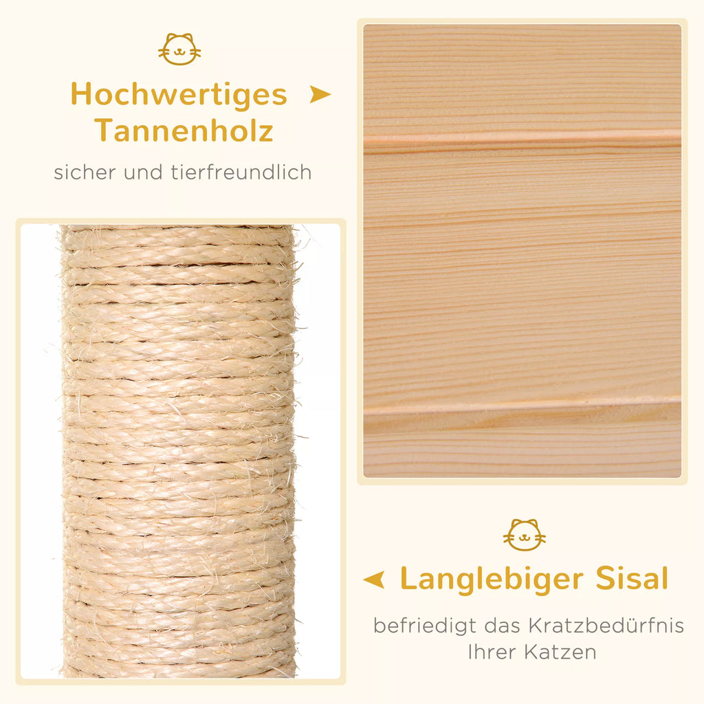 Katės namelis su hamaku, katės dėžė su sizalio stiebu, katės guolis, katės medis, katės aktyvumo centras, eglės mediena, natūralus, 70 x 35 x 60 cm