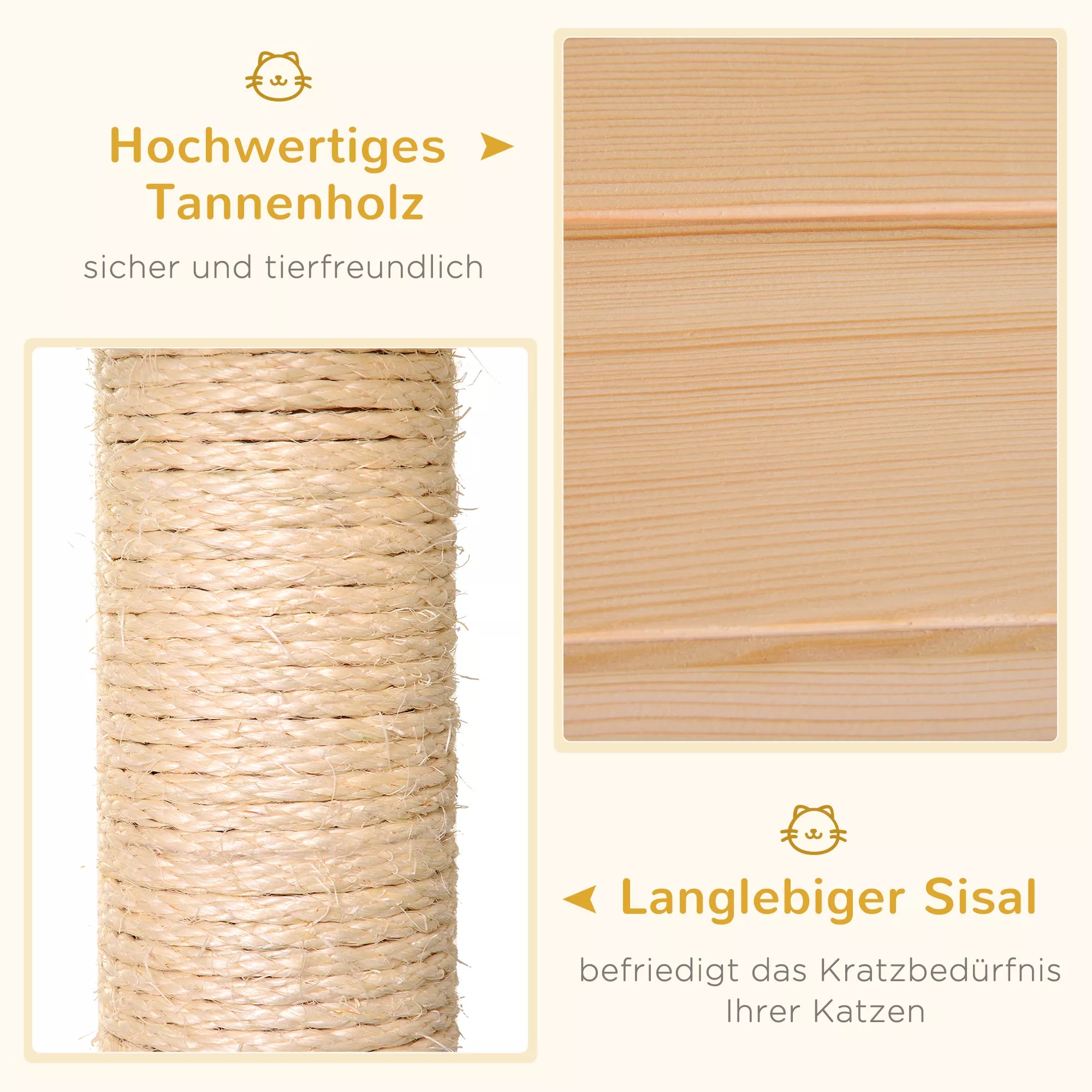 Katės namelis su hamaku, katės dėžė su sizalio stiebu, katės guolis, katės medis, katės aktyvumo centras, eglės mediena, natūralus, 70 x 35 x 60 cm