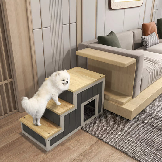 Laipsniai augintiniams, 3 pakopos, pušies mediena, 79 cm x 38,5 cm x 45 cm, natūralios spalvos + balta