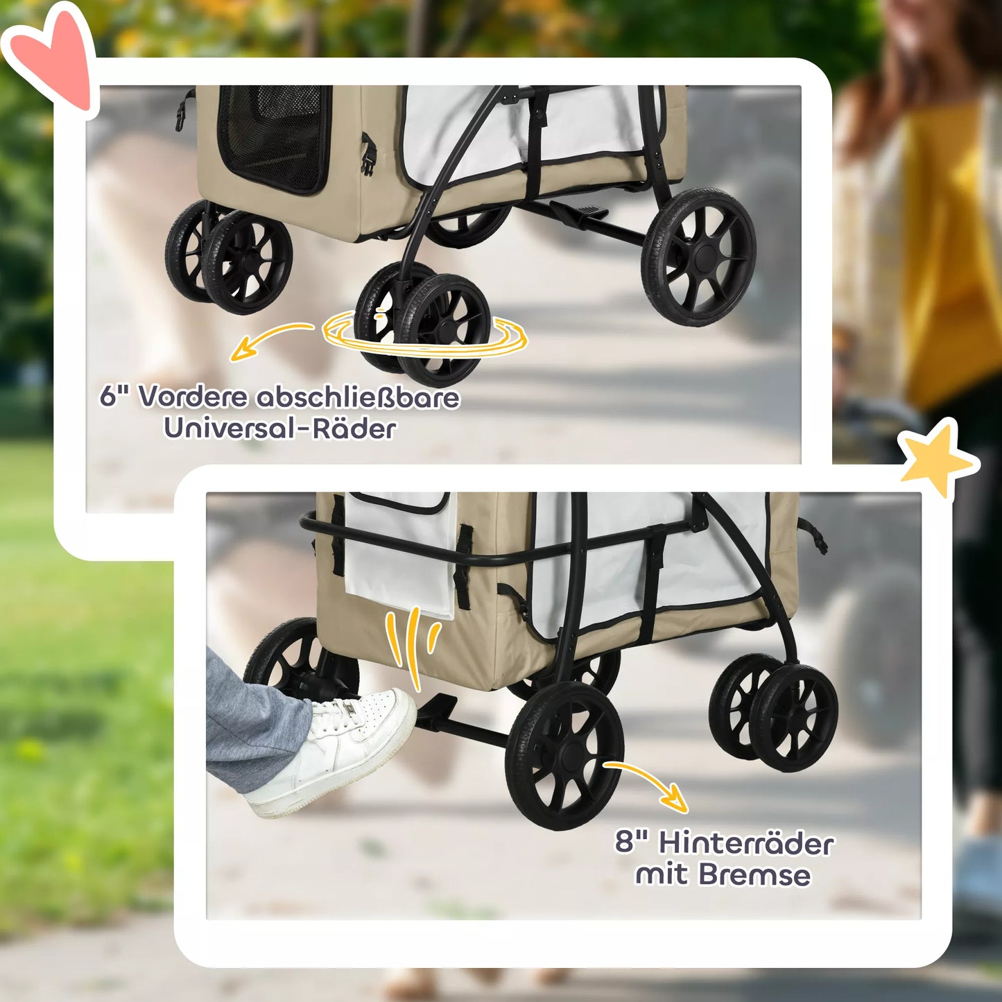 Suņu ratiņi mājdzīvniekiem, saliekami, ar noņemamu grozu, 81 x 58 x 97,5 cm, melni+haki+balti