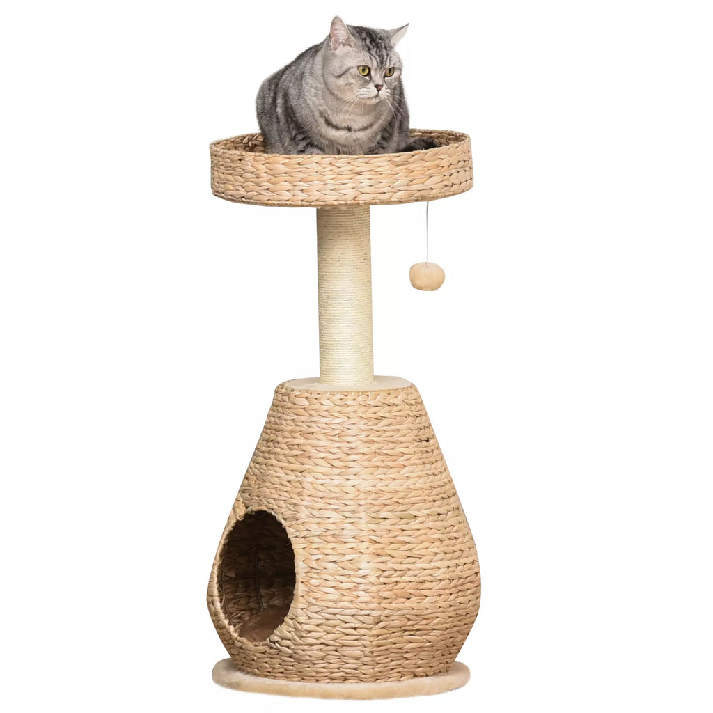 Katės medis, draskyklė katėms, baldai su katės urveliu, kamuoliukas žaislas, sizalas, minkštas pliušas, aukštis 82,5 cm, geltonas