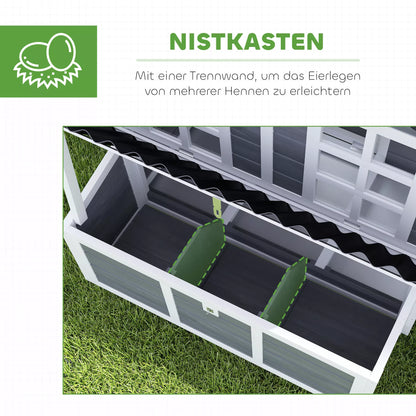 Vištidė su lizdų dėže 4-6 vištoms, atsparus vandeniui stogas, eglės mediena, plastikas, 100 x 86 x 100 cm, šviesiai pilkos