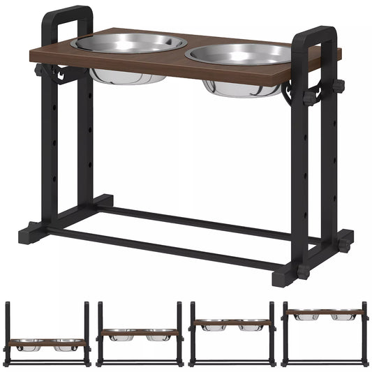 Pakeltas šunų dubuo 4 aukščio reguliuojamas dubuo su stovu, 2 x 1,2 l nerūdijančio plieno dubenėliai, 3 reguliuojami kampai, rudos spalvos