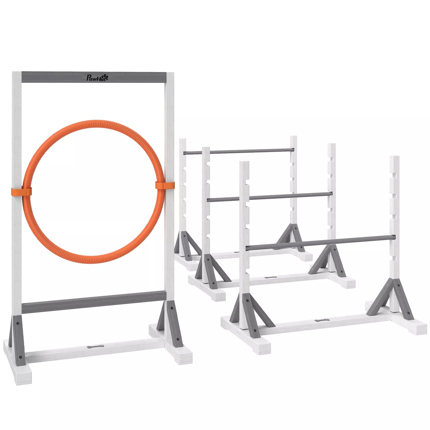 Agility rinkinys šunims, 4 dalių dresūros įranga su aukščio reguliuojamomis kliūtimis ir lanku, baltas