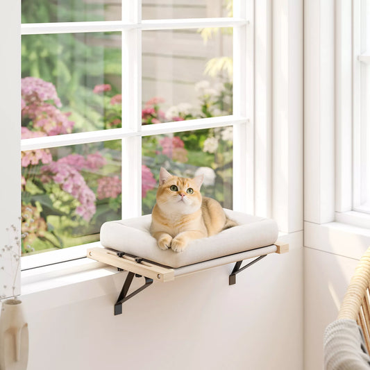 Cat house with mounting on windowsills and radiators, with cushion, wooden frame, white