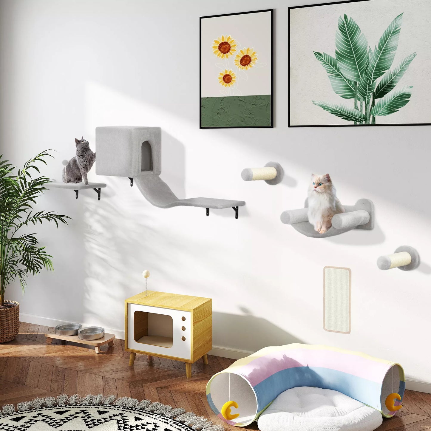 Katės laipiojimo siena, 6 dalių, su kačių nameliu, hamaku, platforma ir braižymo lenta, pilka