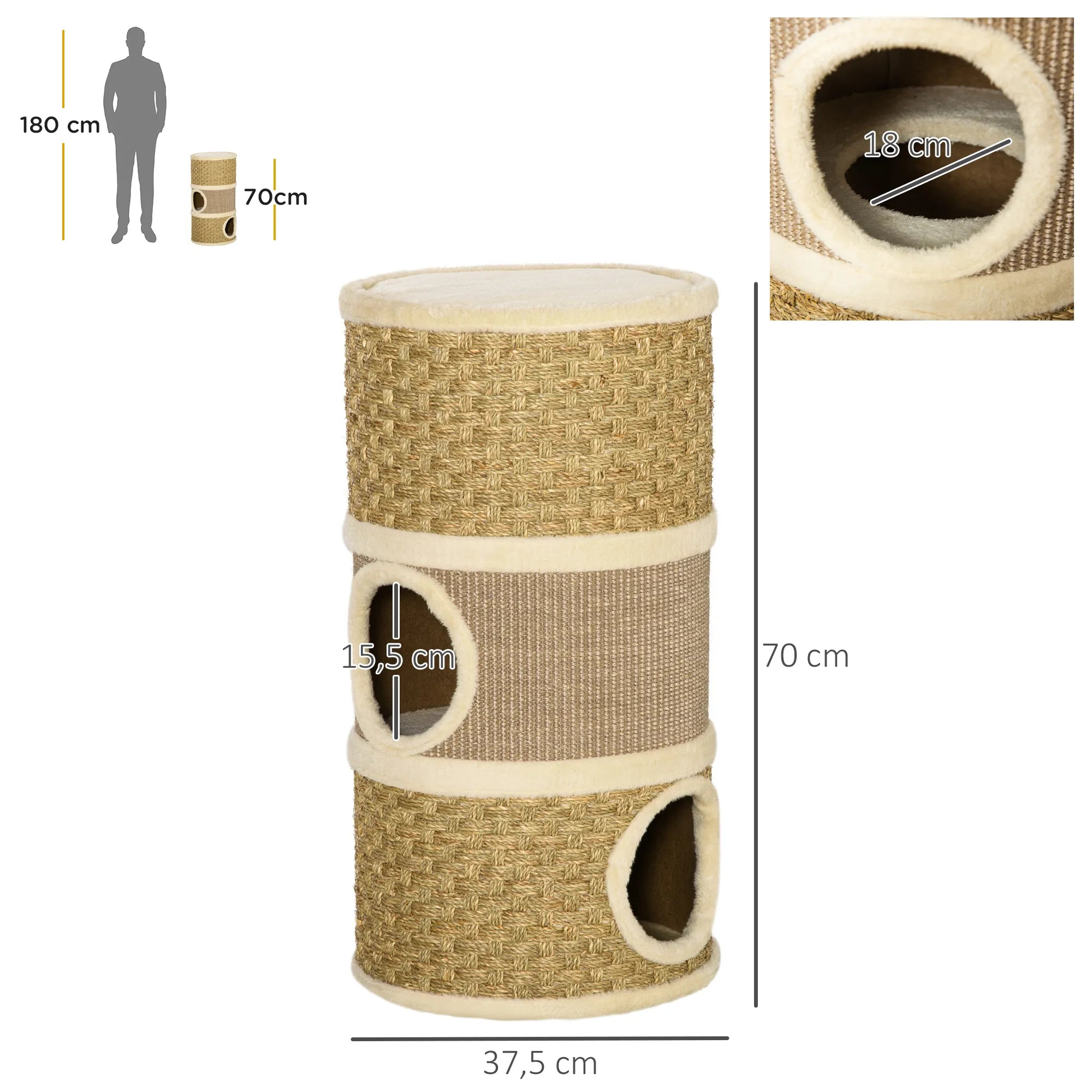 Braižymo stiebas, aukštis 70 cm, 3 lygių katės draskyklė, katės medis, laipiojimo medis, katės baldai su sizaliu ir pliušu