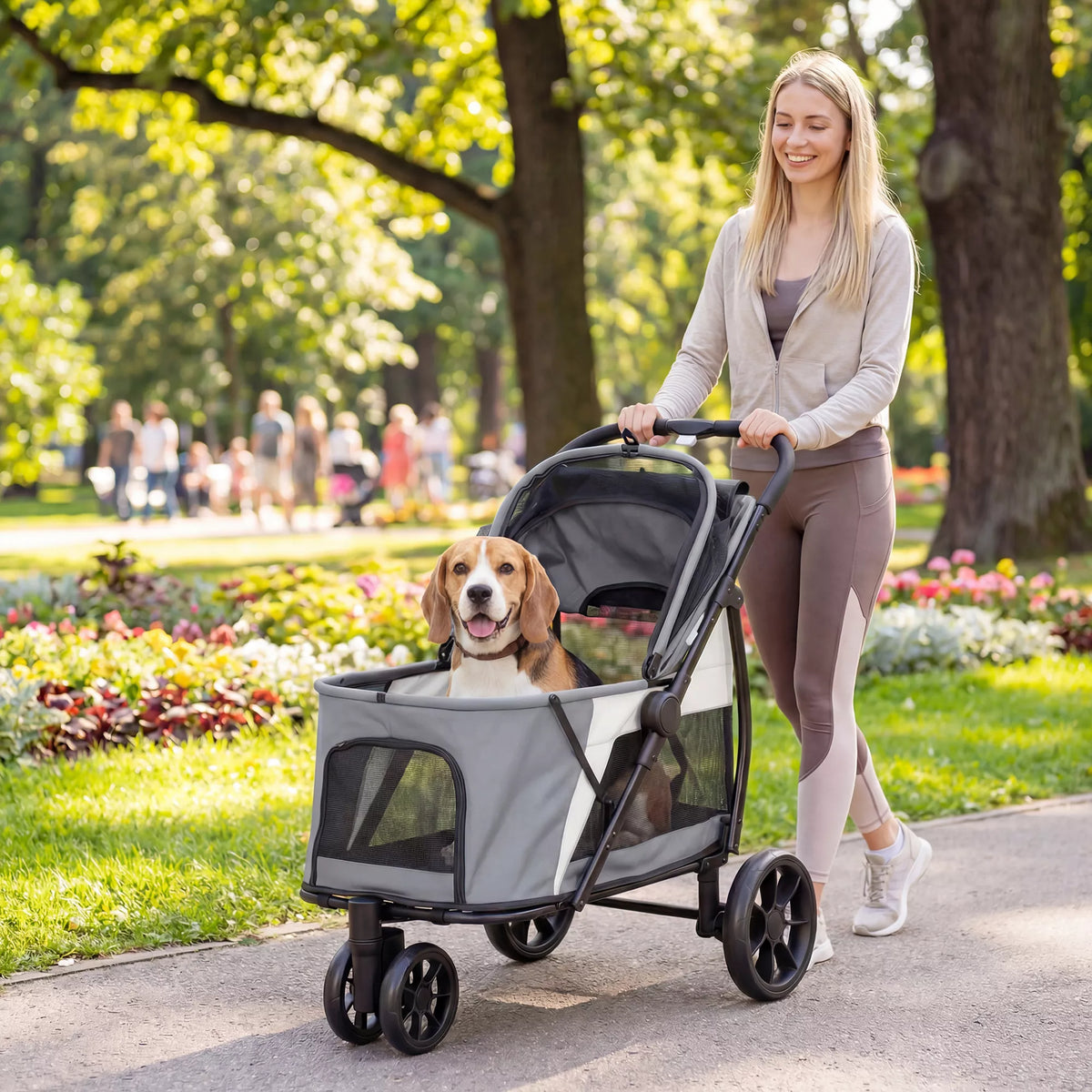 Kokkuvolditav koerakäru pestava padja, võrkakende ja 3 rattaga, keskmise suurusega koertele kuni 20 kg, hall