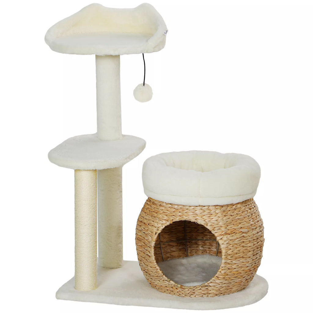 Draskyklė katėms su nameliu, guoliu, žaidimų kamuoliuku ir platforma, 79 cm, kreminė balta