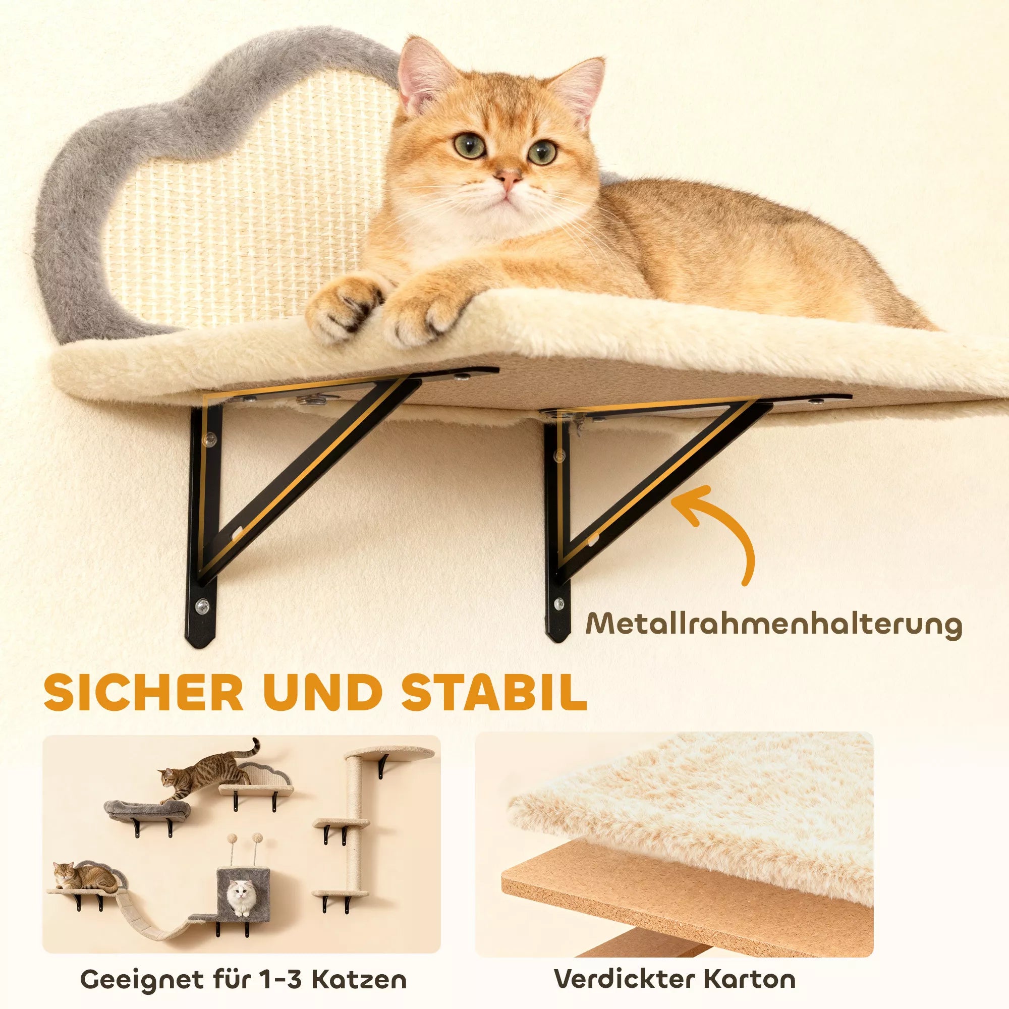 Pie sienas stiprināms kaķu skrāpējamo stabu komplekts ar sizala skrāpējamām virsmām, 4 daļas, 1-3 kaķiem, bēšs