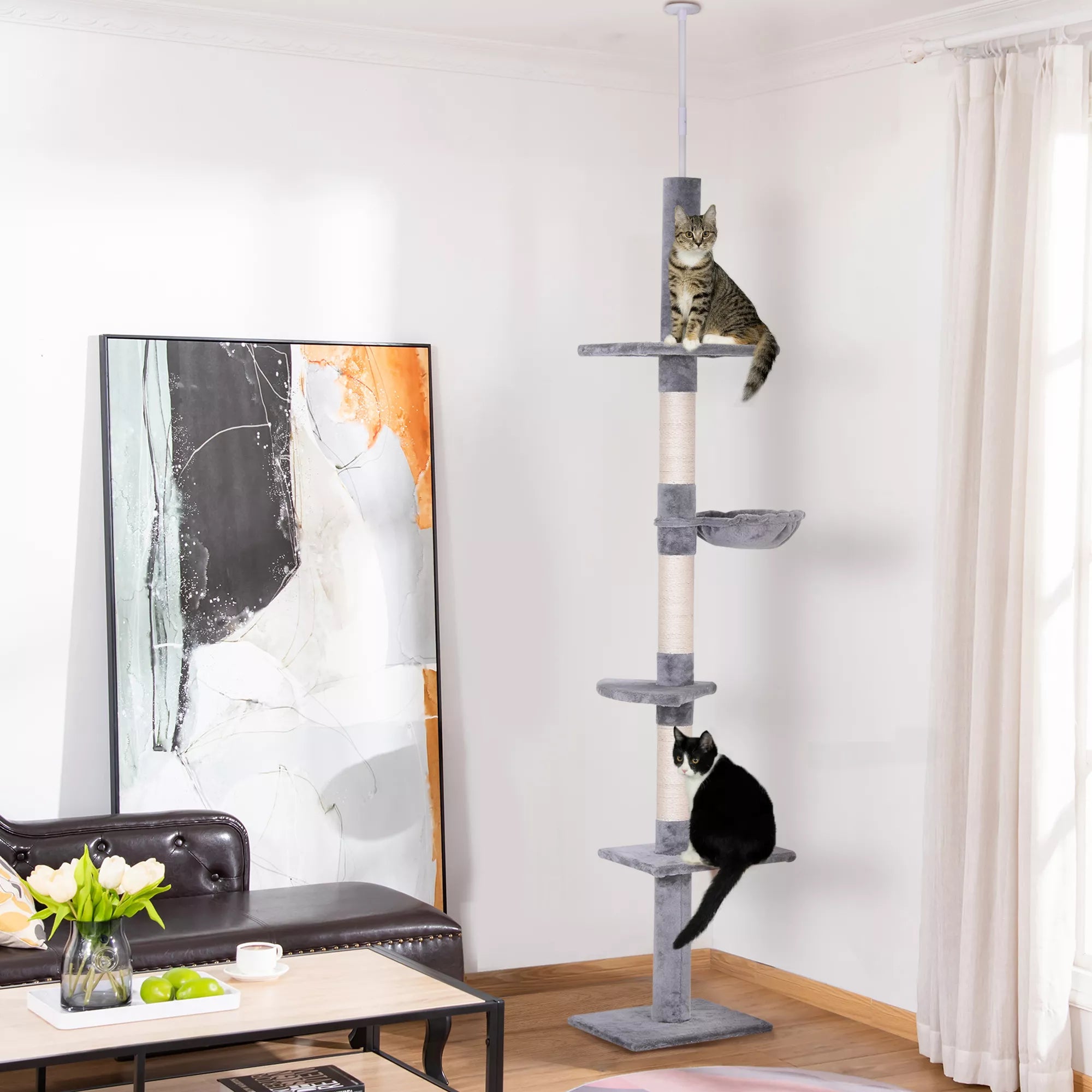 Kaķu māja līdz griestiem, regulējams augstums, stabils kaķu koks ar sizala stabiem, kaķu kāpšanas koks, pelēks, 40 x 34 x 230-260 cm
