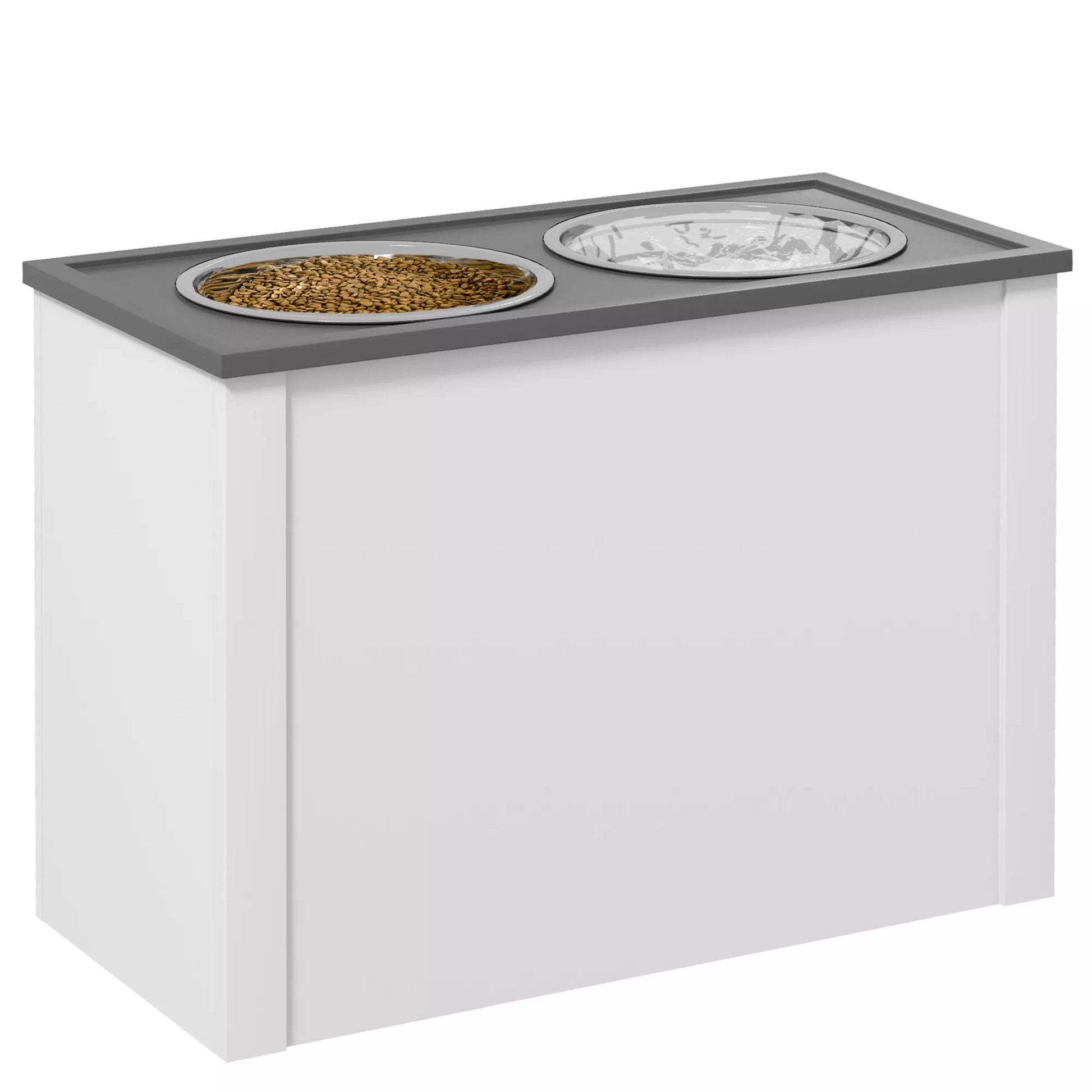 Maitinimo stotelė su paaukštintais maisto indais, 1 laikymo vieta, 2 nerūdijančio plieno dubenėliai, 60 x 30 x 42cm, balta + pilka