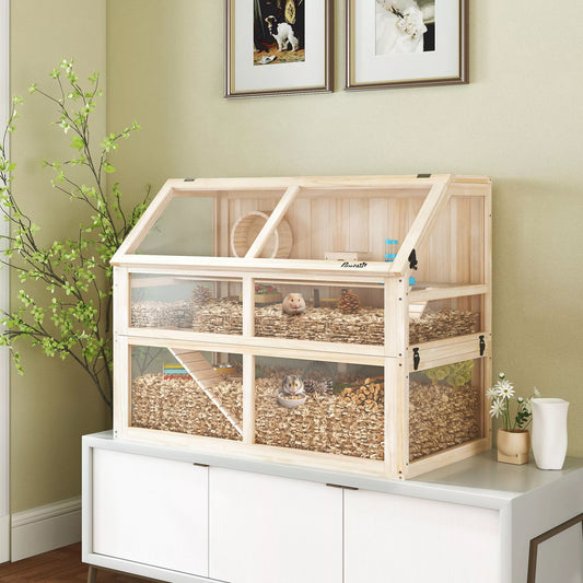 Medinis žiurkėnų narvas, 3 aukštų graužikų namelis su sūpynėmis bėgimo rateliu ir namuku, pušies mediena, 95x53x76 cm, natūrali mediena