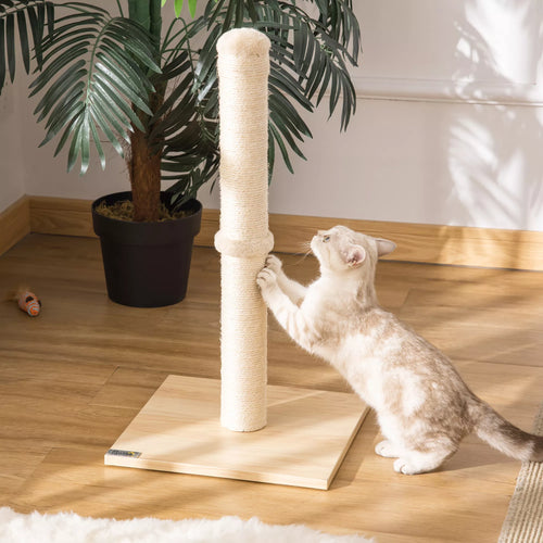 Braižymo stulpas katėms, sizalio draskymo stulpas, stabilus kačių draskytuvas, braižymo žaislas katei su kamuoliu, 60 cm, medžio drožlių plokštė, sizalis smėlio spalvos + ąžuolas, 34 x 34 x 60 cm
