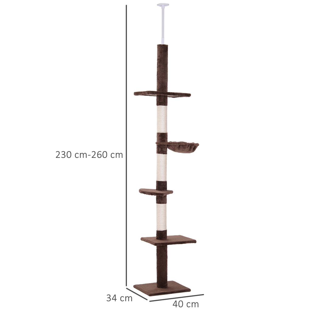 Draskyklė iki lubų 230–260 cm, reguliuojamo aukščio, su 5 platformomis ir sizalio stulpais, ruda