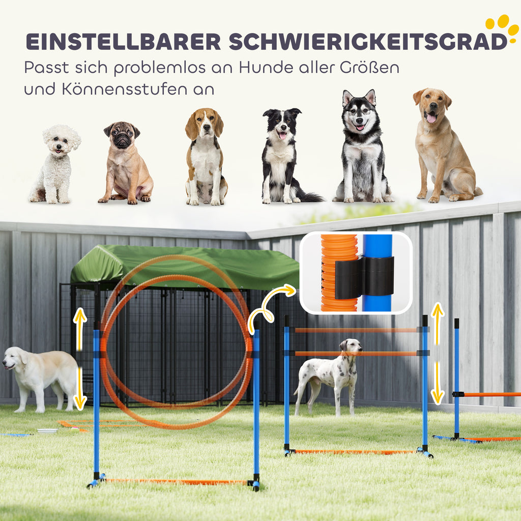 Agility rinkinys šunims, 11 dalių, su 2 tuneliais, šuolių lanku, barjerais ir slalomo stulpais, oranžinis
