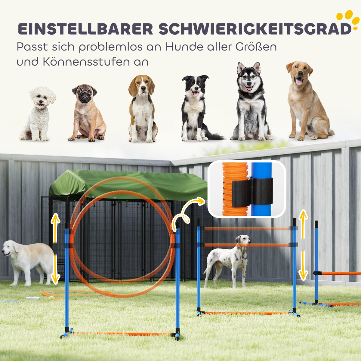 Agility rinkinys šunims, 11 dalių, su 2 tuneliais, šuolių lanku, barjerais ir slalomo stulpais, oranžinis
