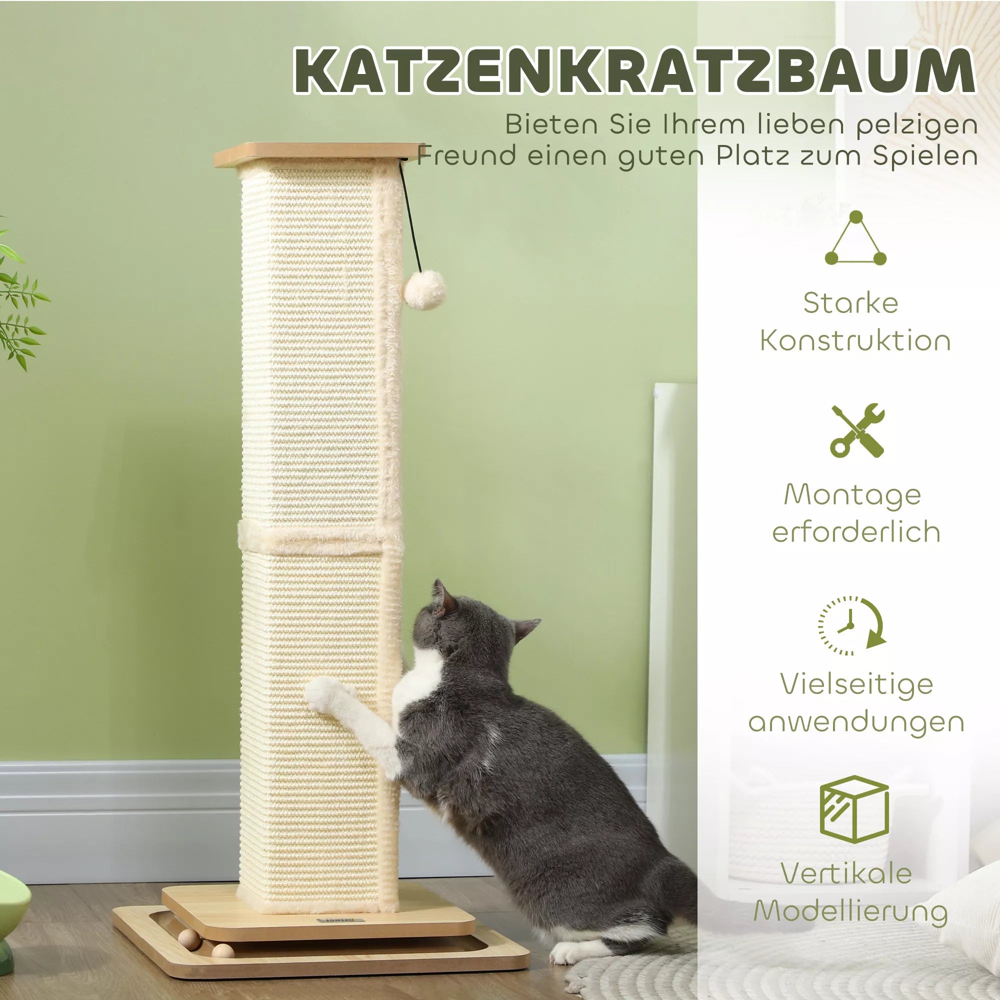 3-vienā kaķu skrāpēšanas stabs ar rotaļu paklājiņu, rotaļu bumbu, sizala krāsu, līdz 10 kg, 39,5 x 39,5 x 87 cm, ozols/krēmkrāsa