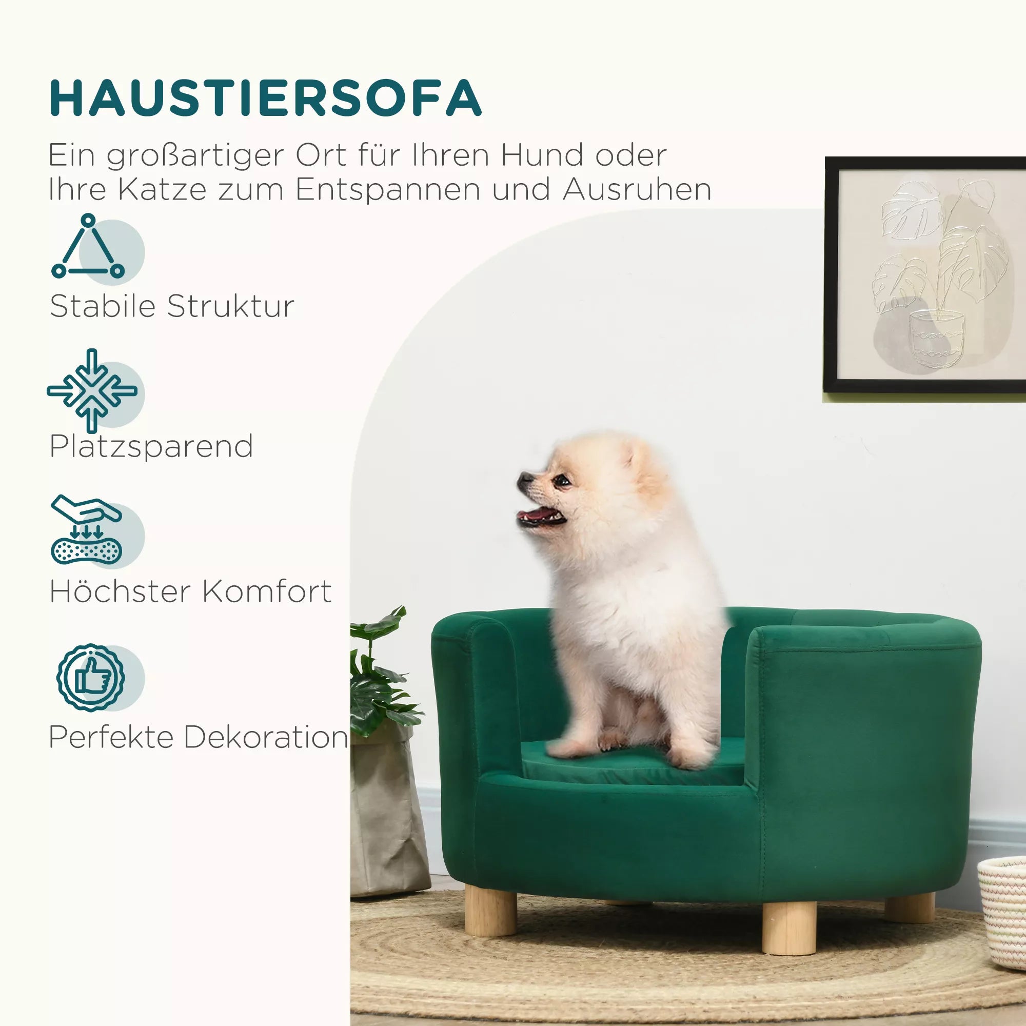 Šunų sofa, šunų kušetė, su skalbiamu užvalkalu, gyvūnėlių sofa su atlošu ir medinėmis kojelėmis, kačių sofa, mažiems šunims iki 4,5 kg, žalia