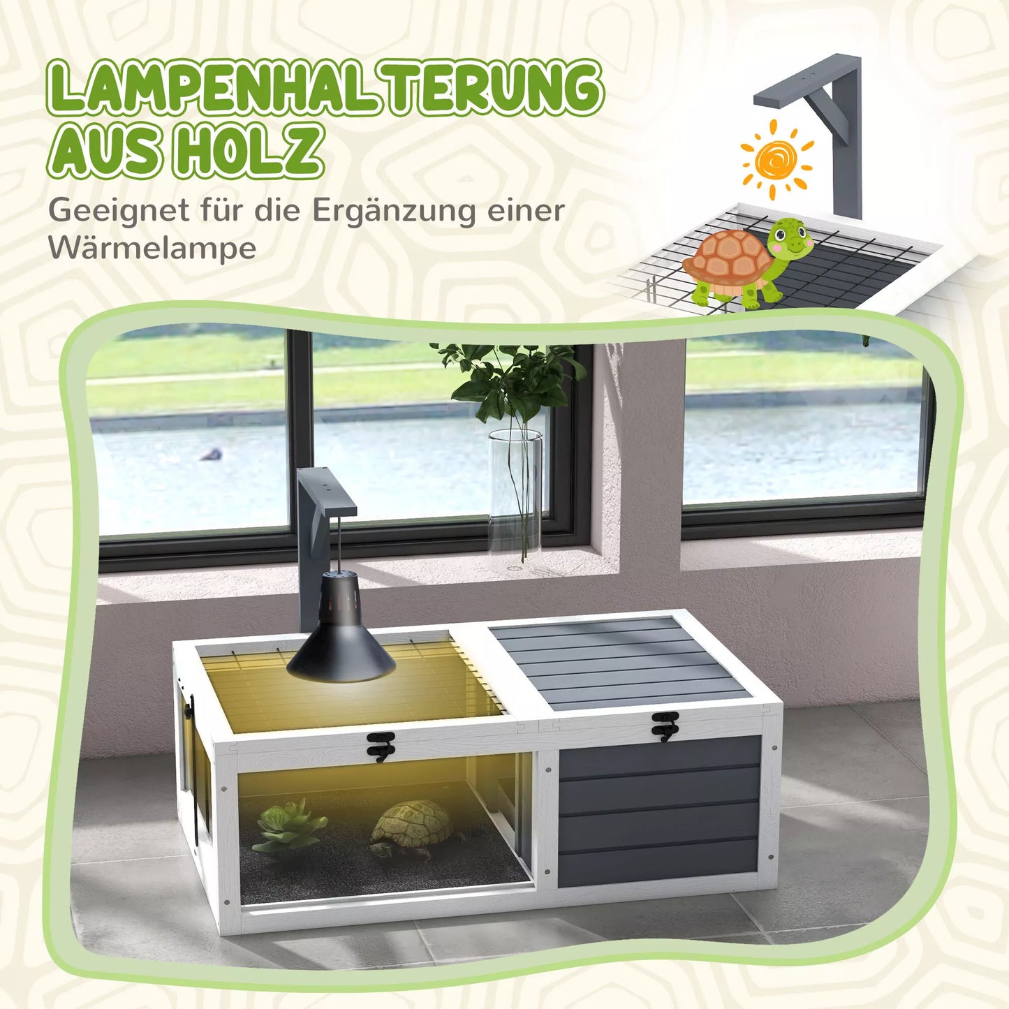 Vėžlių namelis, roplių dėžė su 2 kambariais, dangčiu, plastikiniais dubenėliais, langais, medžiu, pilka spalva