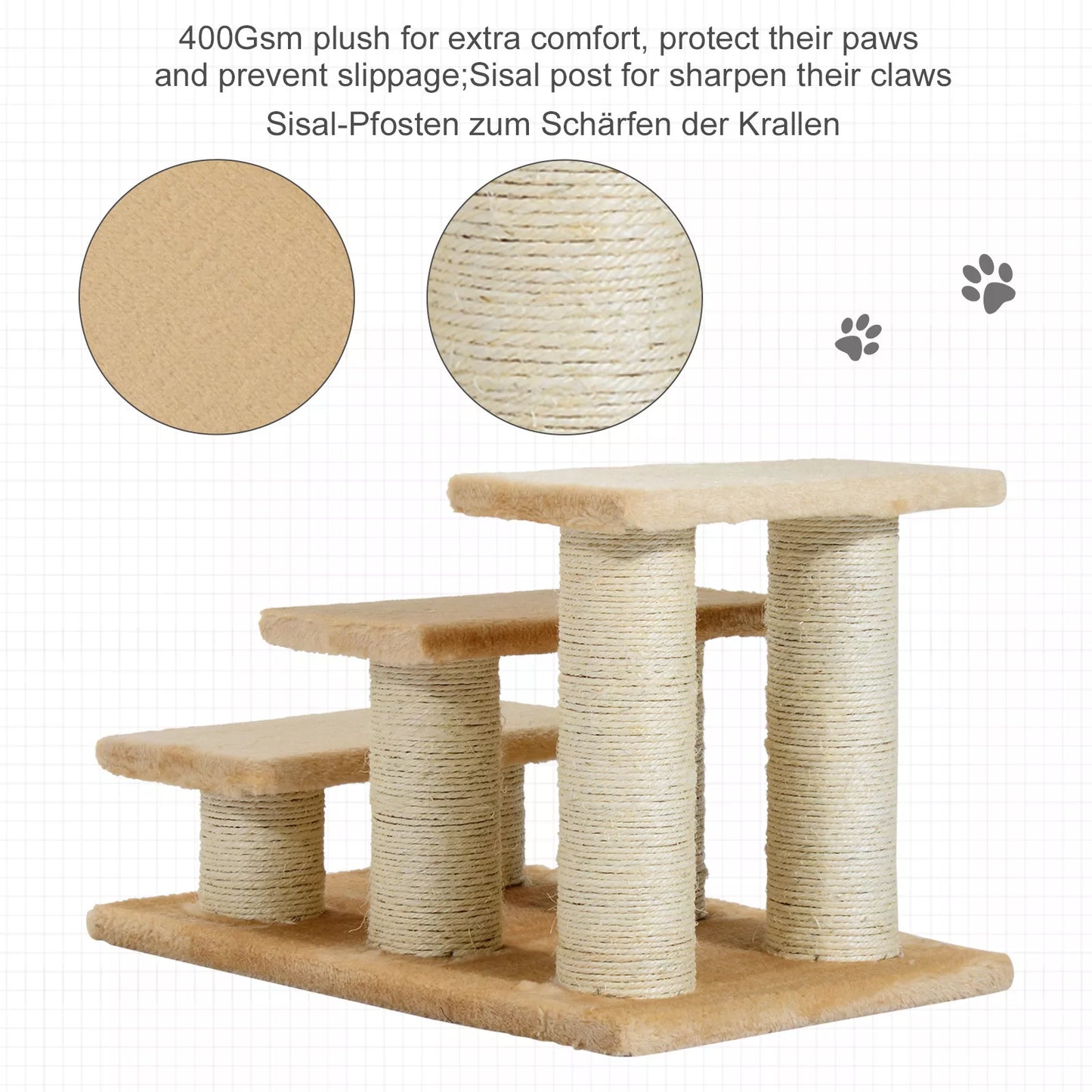 Gyvūnų laipteliai katėms ir šunims, 3 pakopų, kreminės spalvos pliušas, 45 x 35 x 34 cm