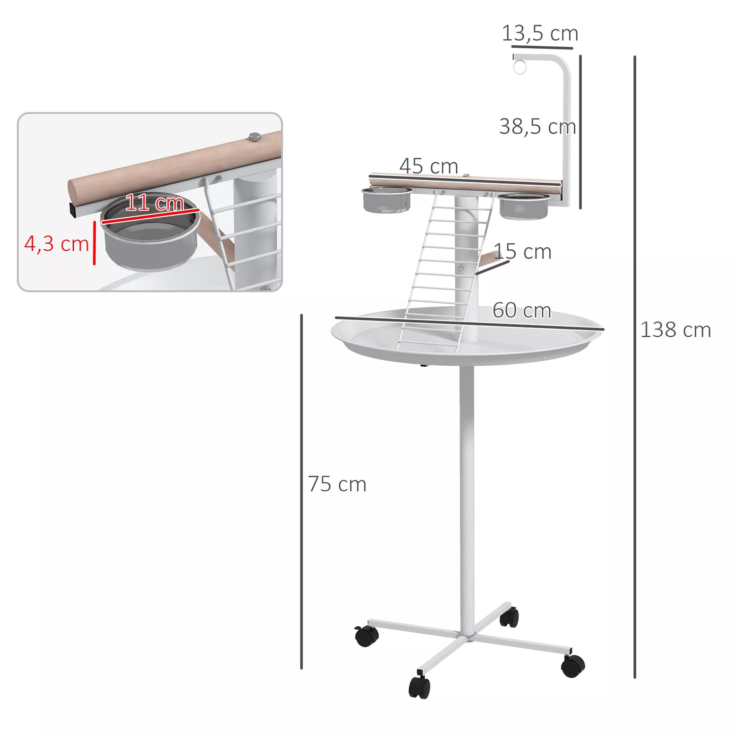 Tupėklynas papūgoms, 1 kopėtėlės, 1 sūpynės, 2 lesyklėlės, 60 x 60 x 138 cm, Balta + Natūrali