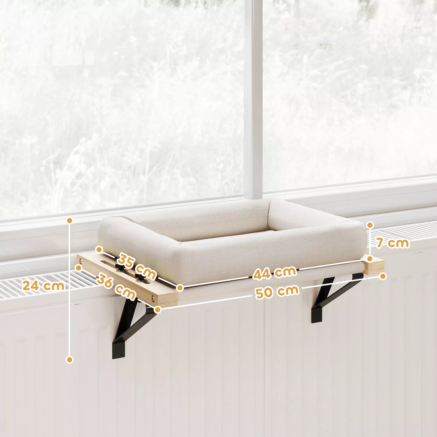 Kaķu mājiņa ar stiprinājumu uz palodzēm un radiatoriem, ar spilvenu, koka rāmis, balta