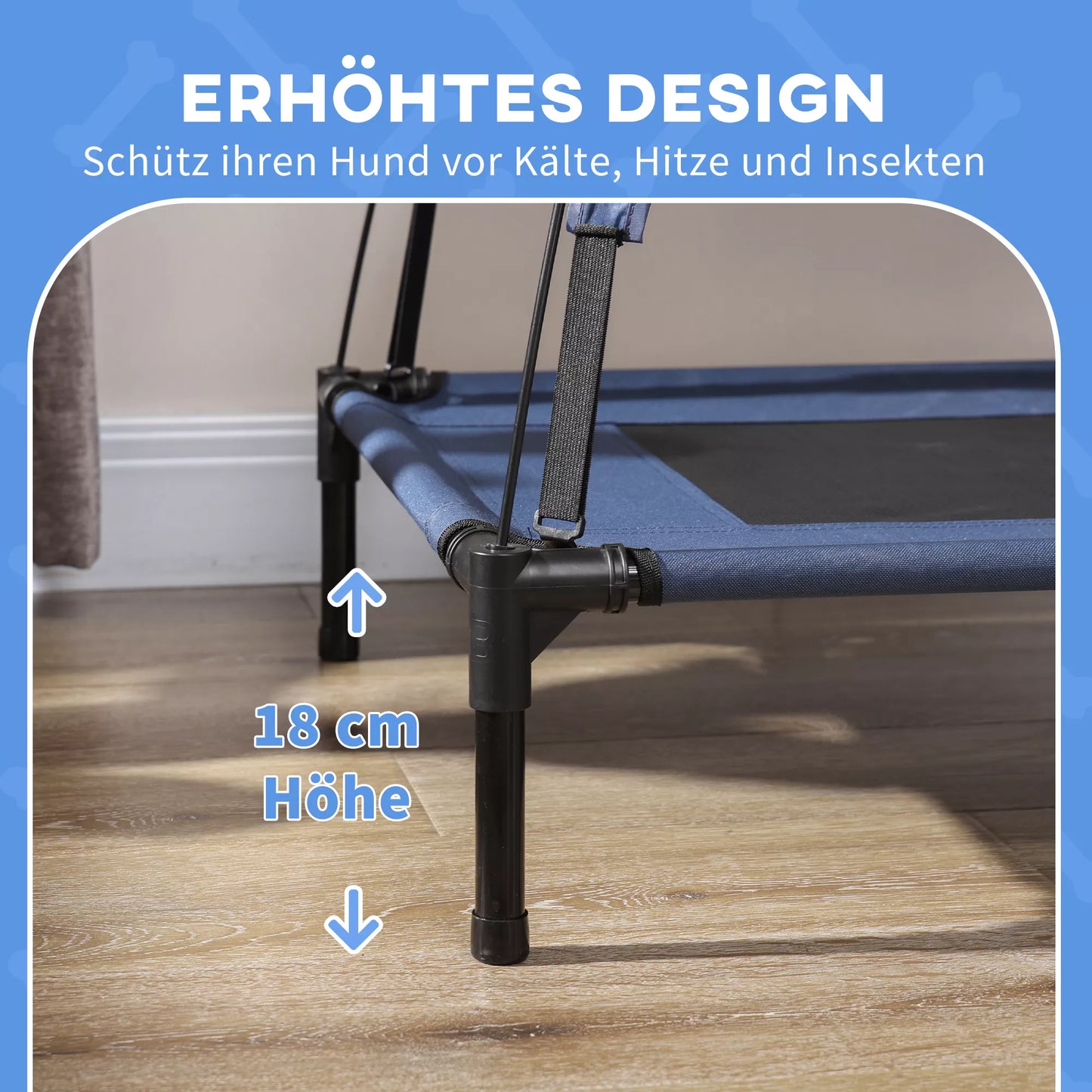 Šunų lova su baldakimu, lauko šunų lova, sulankstoma, paaukštinta konstrukcija, Mėlyna + Juoda