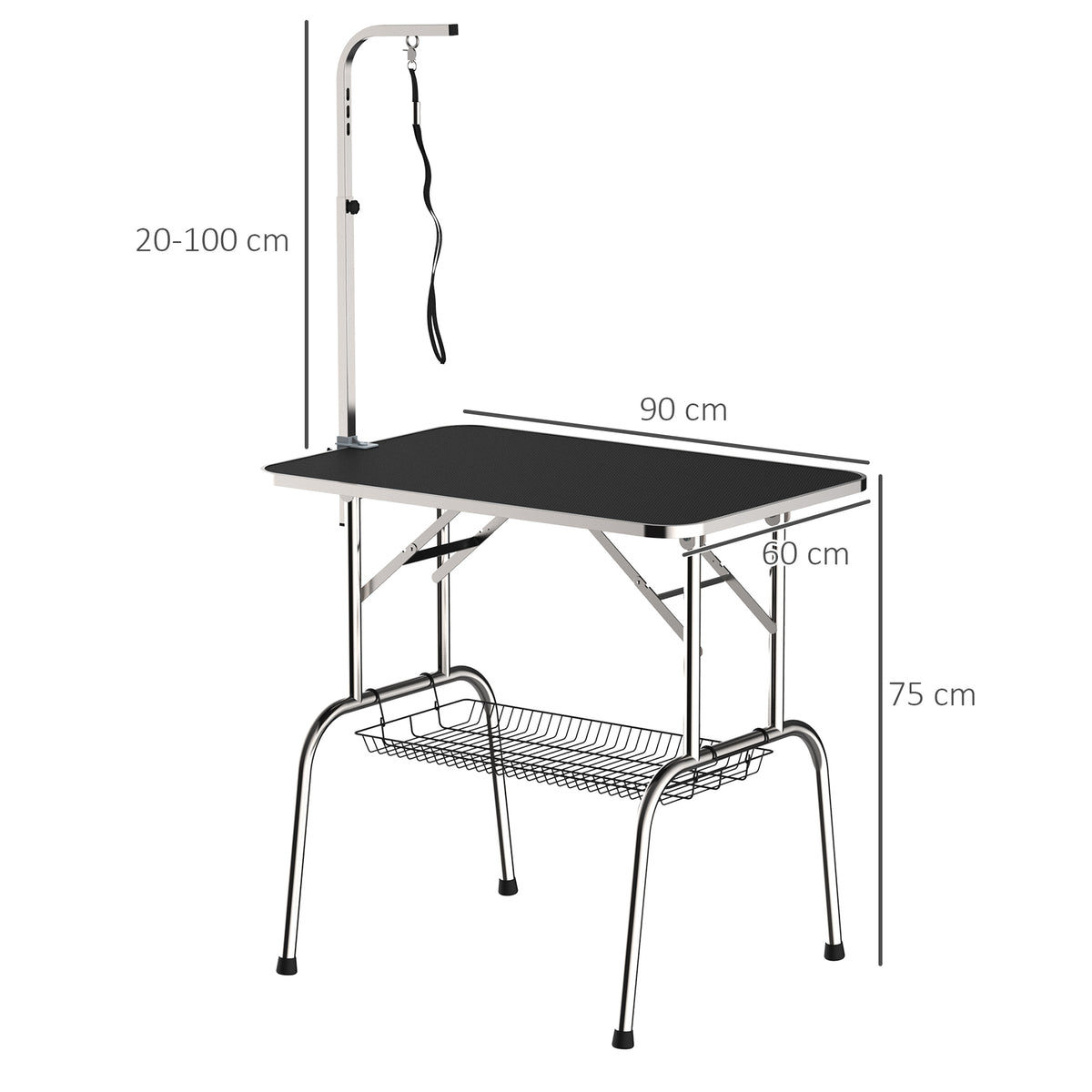 Kirpimo stalas šunims 90x60x75 cm, sulankstomas, su pasukamu laikikliu ir tinkline lentynėle, iki 150 kg, juodas