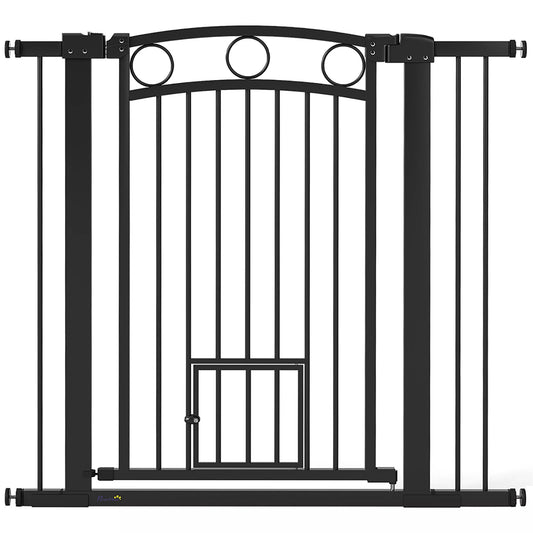 Gyvūnėlių varteliai, 96 cm laiptų apsauginiai varteliai, reguliuojamas plotis 76–104 cm, su katės durelėmis, laiptams ir durų angoms, juodi