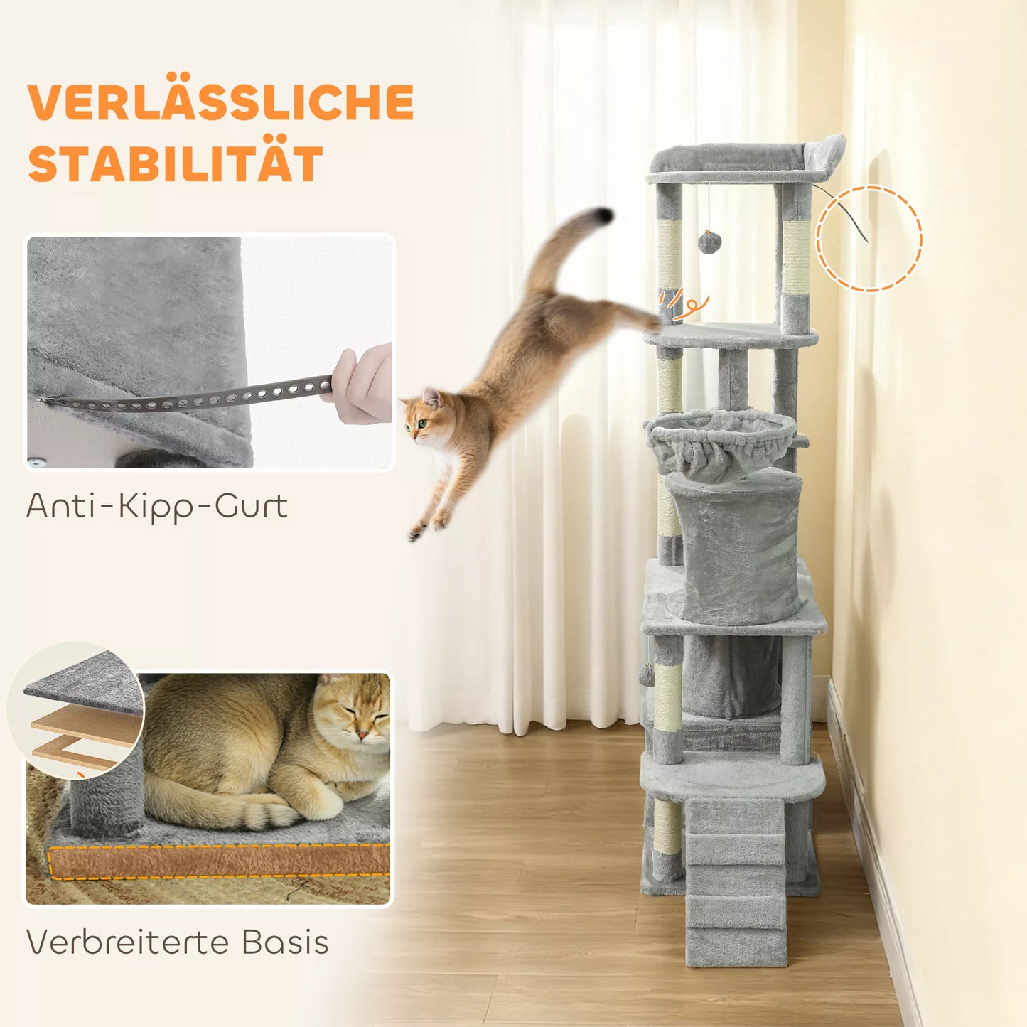 Kačių draskyklė, 170 cm, su tuneliu, nišomis, didele baze, sizaliniais stulpais, šviesiai pilka