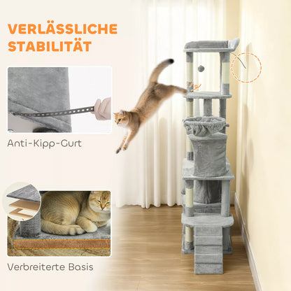 Kačių draskyklė, 170 cm, su tuneliu, nišomis, didele baze, sizaliniais stulpais, šviesiai pilka